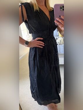 Sleeveless Black Midi Dress with Button Front and Tie Shoulders
